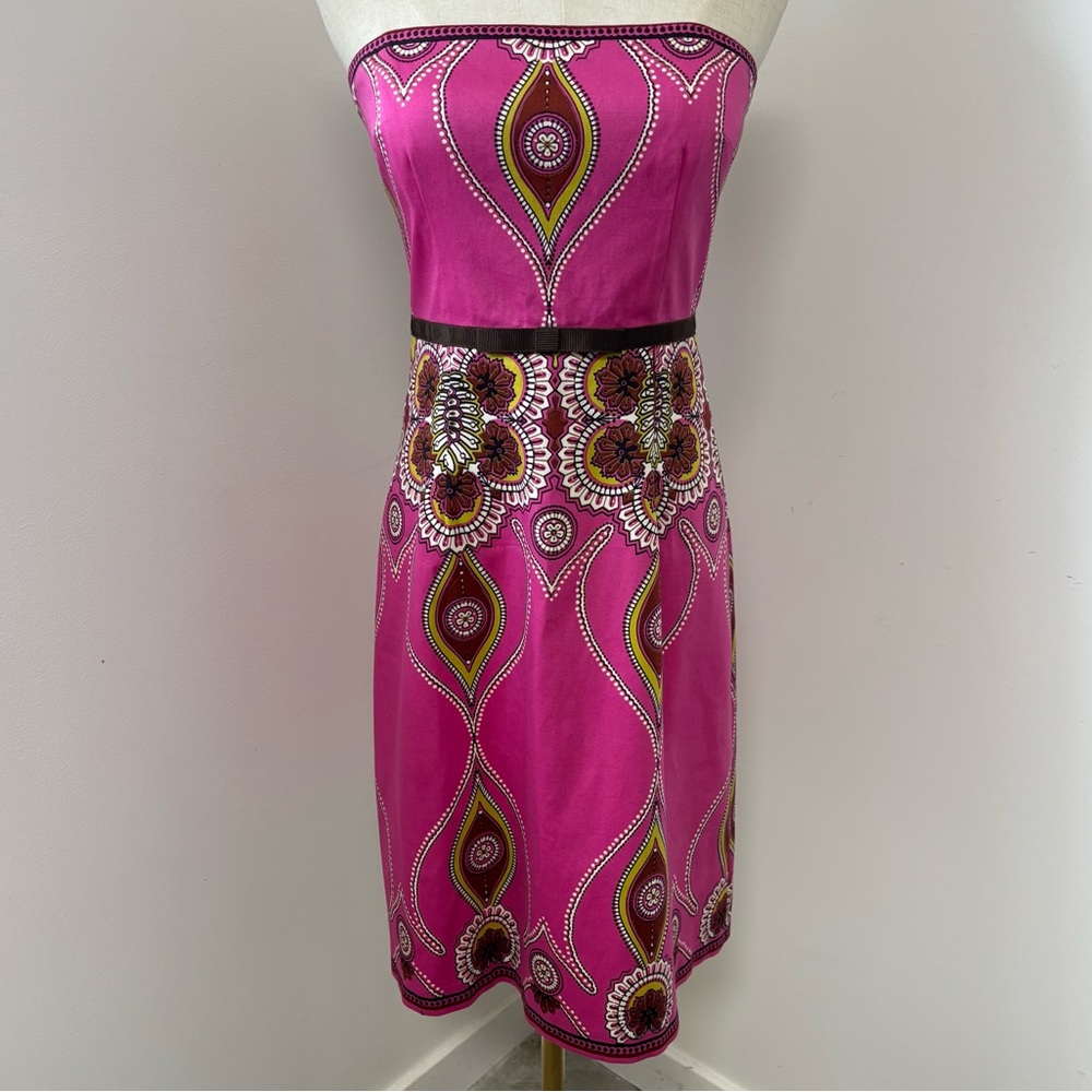 Laundry Bright Pink & Chocolate Strapless Cotton A-Line Midi Dress